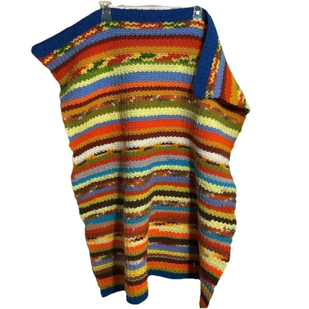 Vintage Crochet Shoulder Wrap Granny Stripe Afghan Shawl Boho Colorful 70s